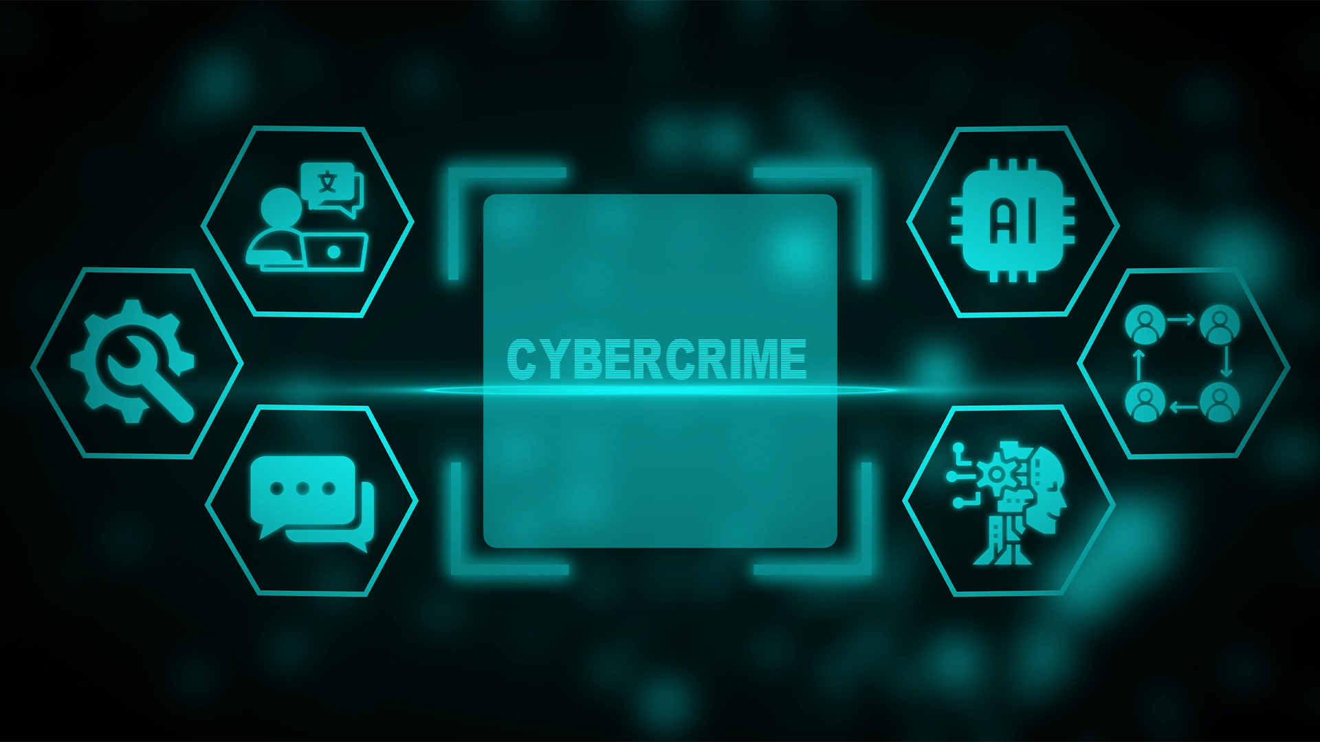 Digital cybercrime concept with interconnected icons and A I chip technology computer