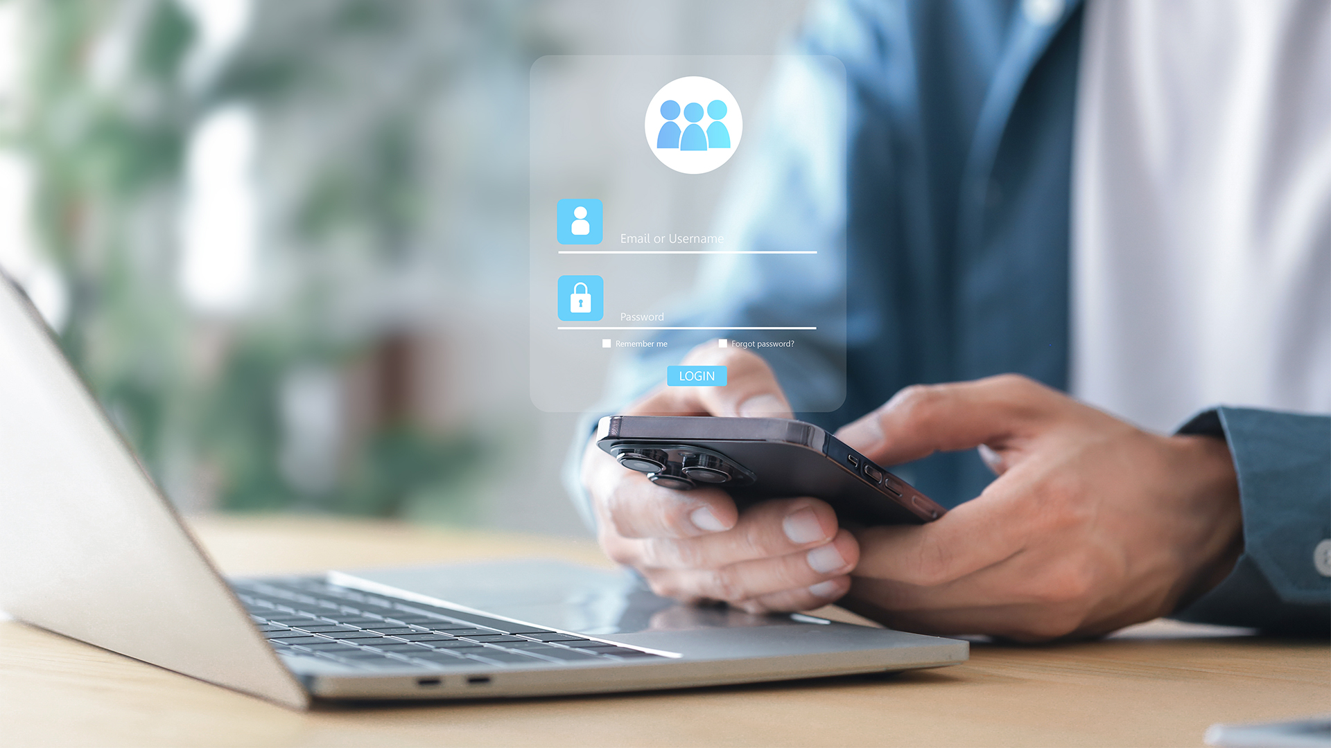 Businessman using mobile phone to log in securely with user interface screen data protection
